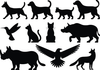Collection of animal silhouette icons featuring domestic pets like dogs and cats alongside wild rhino eagle fox and hummingbird © SreeRupali