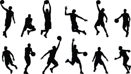Collection of basketball player silhouettes featuring various action poses such as slam dunks, dribbling, shooting, and defense. © SreeRupali