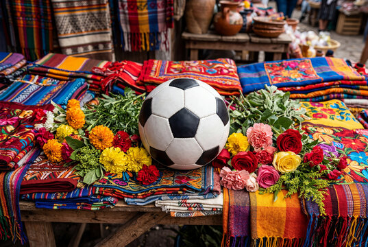 Vibrant textiles and flowers with soccer ball on display