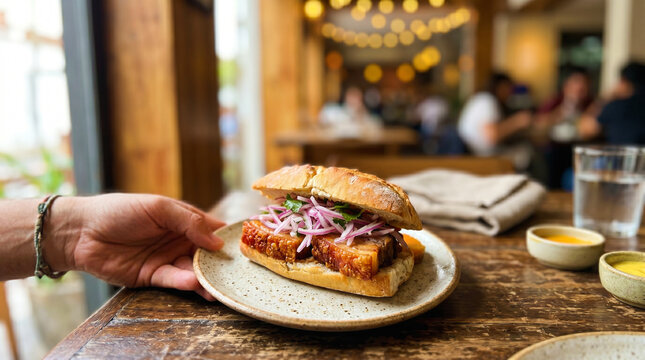 Peruvian Pan con Chicharr&oacute;n (bread with crispy golden pork belly) fried sweet potato, and red onion. A traditional food, sandwich from Peru
