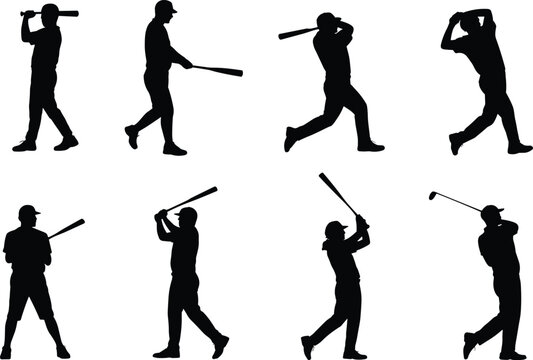 Collection of baseball player and golfer silhouettes featuring athletes swinging bats and clubs in dynamic action poses isolated on white