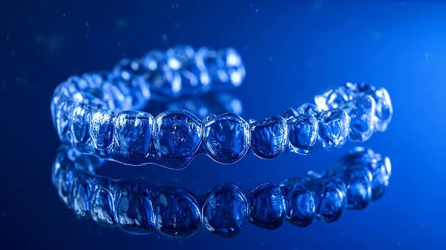Clear dental aligners on blue reflective surface