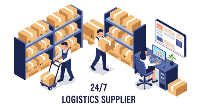 Round the clock logistics supplier operations featuring warehouse workers moving parcels and staff managing orders on computer in isometric view.