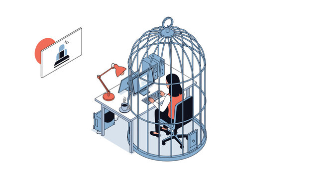 Concept of feeling trapped or confined in a workspace showing a woman working on her computer while enclosed inside a large metal birdcage.