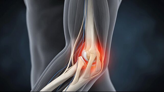 3D Medical Animation of Inflamed Elbow Joint Showing Bone Tendon Ligament and Nerve Anatomy with Pain Inflammation Highlight on Human Body