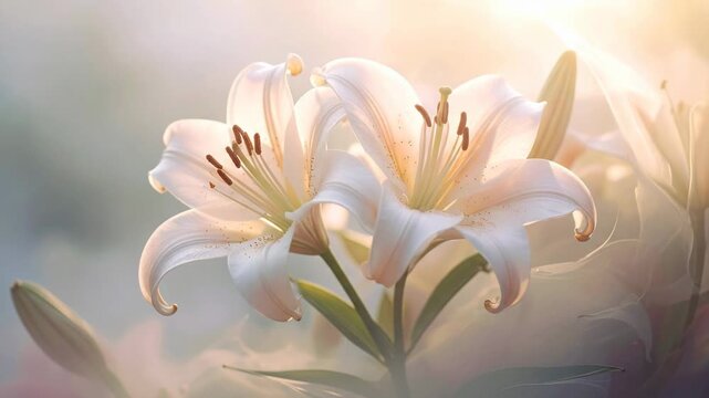 White lilies in soft sunlight with blurred background