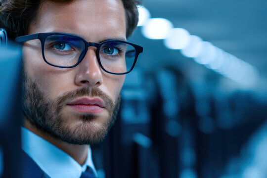 Businessman eyeglasses office portrait tech market layoffs impact worried professional modern workplace with blue light and blurred corridor