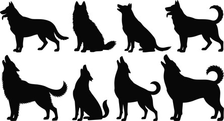 Collection of black German Shepherd and wolf silhouettes in various poses including howling standing and sitting for pet designs © Sree