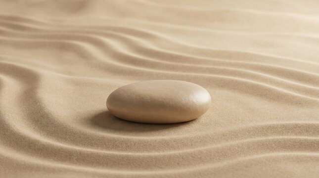 Abstract 3D rendering of monochromatic beige wavy sand background with a smooth pebble