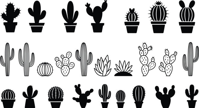 Collection of cactus and succulent plant silhouettes isolated vector icons for desert landscaping and botanical design projects