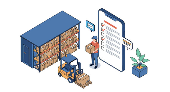 Efficient warehouse logistics management showing a worker with a package and a digital checklist displayed on a large smartphone.