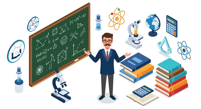 Experienced science teacher explaining complex formulas and concepts in front of a chalkboard filled with educational symbols.