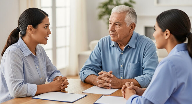 Senior man having serious consultation with professional advisors or family members regarding retirement planning and legal documents in living room.