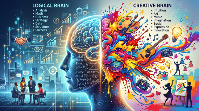 Dual Brain Intelligence Concept Featuring Artistic Creativity and Analytical Thinking