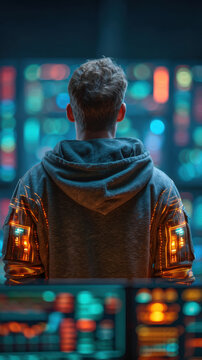Tech worker hoodie data screen cyber security stock market night tech layoffs market impact as lone worker face data screens dark office with neon