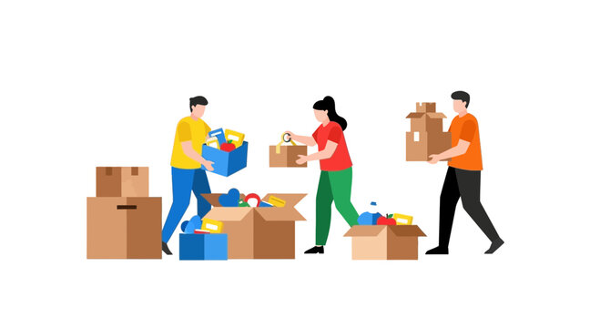 People packing boxes for donation or moving, teamwork, organization, white background