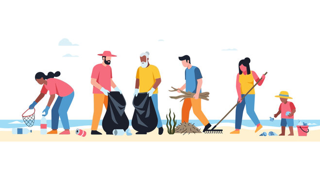 Diverse people cleaning beach, collecting plastic waste for environmental conservation
