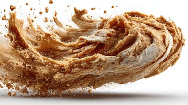 Dynamic swirl of creamy peanut butter flying in motion against a clean white background with scattered crumbs and smooth textures for culinary advertising