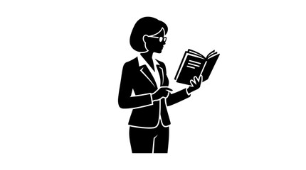 Businesswoman stands in a professional suit while holding an open book for reading or study purposes. © yanto