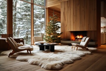 Naklejka premium Cozy winter interior with fireplace and fur rug living room