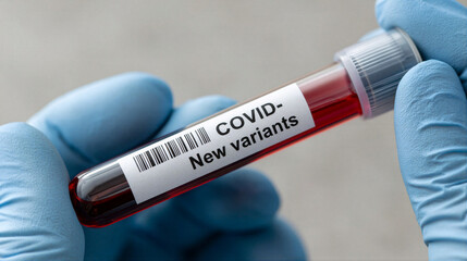 Obraz premium Gloved hand holding blood sample tube with covid new variants label