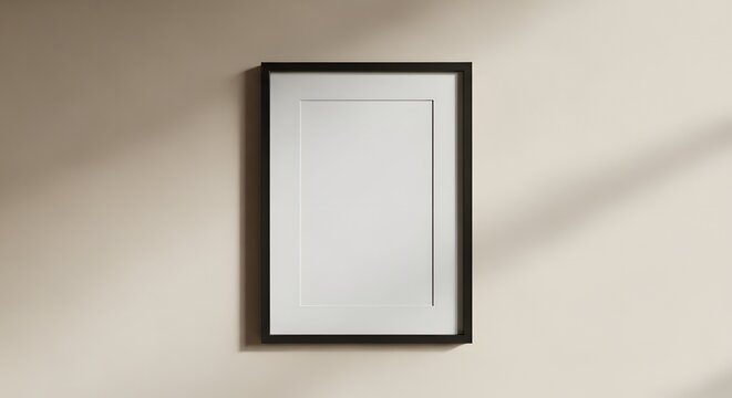 Black framed poster mockup on beige wall realistic interior design presentation