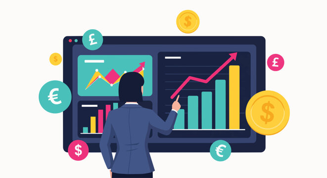 Person analyzing upward trending stock charts on a digital screen surrounded by currency symbols, ideal for financial analysis, investment planning and economic reports.