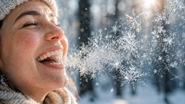 Close up of person laughing in winter with breath visualized as sharp hyper-detailed ice fractals and snowflakes