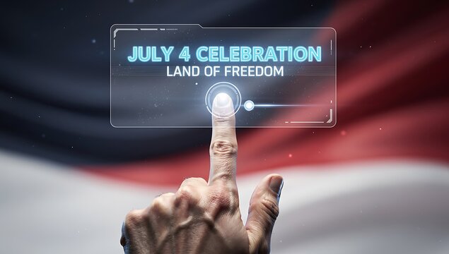 Hand pressing play button on digital July 4th Independence Day celebration screen with American flag background