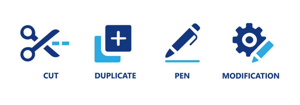 Editing tool icon set, Contains cut, duplicate, pen, and modify icons. Solid icon pack.