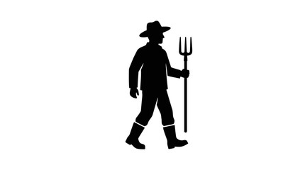 Farmer holding a pitchfork stands in a side profile silhouette against a plain white background. © yanto