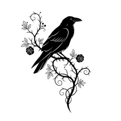 Obraz premium Black bird sitting on branch.