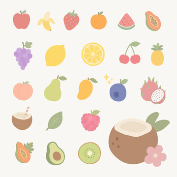 Cute pastel fruit clipart set with tropical and fresh fruits, coconut drink, and simple leaves