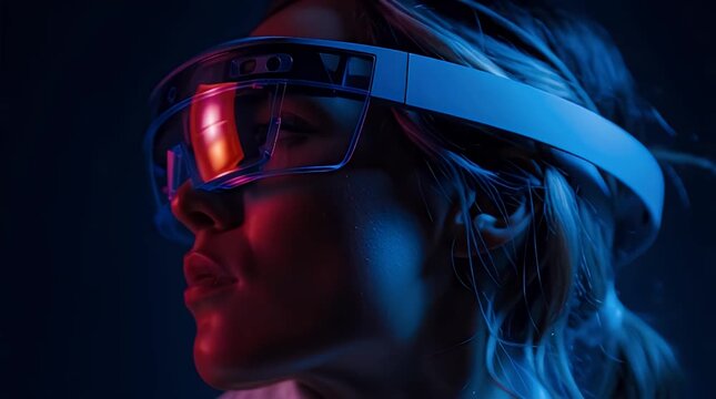 Woman wearing futuristic glasses, illuminated by red and blue light