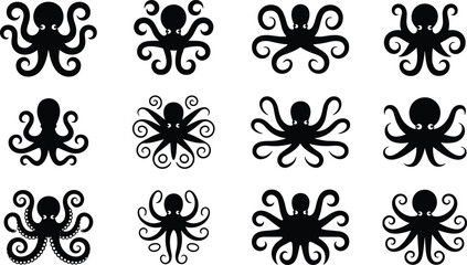Collection of various octopus silhouette vector icons representing underwater marine animals for nautical branding nature and ocean life themes © Sreejoynaraon