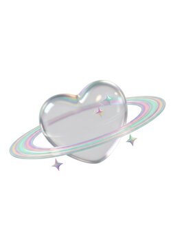 3D Holographic Iridescent Heart with Saturn Ring and Sparkles Isolated on White Background for Modern Graphic Design