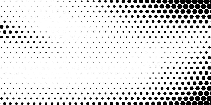 Black seamless hexagon texture. Repeated honeycomb pattern background. Geometric hexagonal halftone tech overlay backdrop.