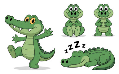 Fototapeta premium Cute pixel art crocodile character set showing different poses including dancing standing and sleeping in a fun retro video game style Vector