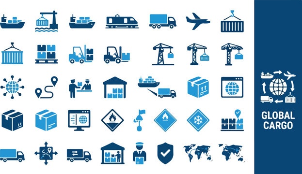 Global supply chain and freight shipping industry icons pattern