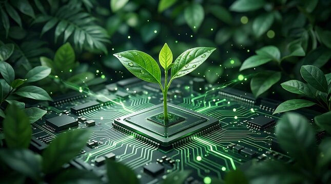 Green sprout emerging from a central processing unit on a circuit board, symbolizing growth and innovation in technology and nature