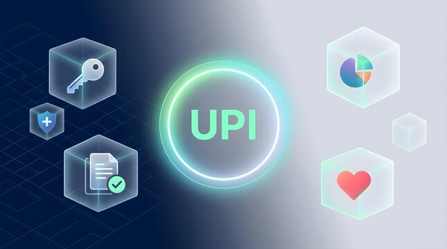 Upi symbol and abstract glowing hexagons with digital icons background.