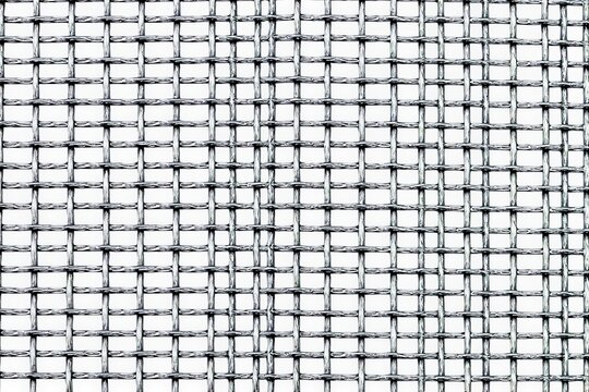 Close-up abstract texture of interlocking metal wire mesh grid in neutral monochrome pattern