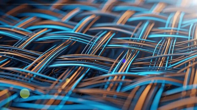 Abstract Woven Fiber Structure with Blue and Orange Highlights.
