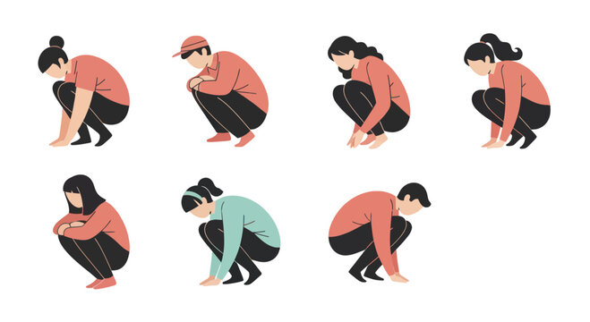 Flat illustrations of diverse people squatting in different poses with casual clothing and hairstyles, perfect for health, fitness, and lifestyle content