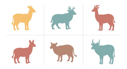 Obraz premium Set of stylized colorful animal silhouettes including deer, cow, and antelope in divided simple flat design, perfect for nature and wildlife projects
