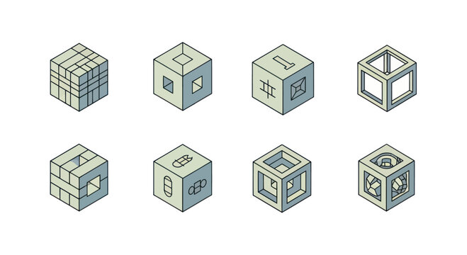 Set of eight abstract 3D geometric cubes with various cutouts and patterns, ideal for design, art, and architecture projects