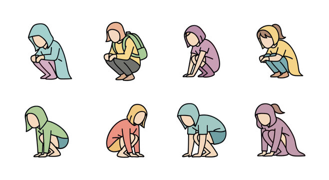 Set of faceless people in hoodies and casual wear squatting in various poses, colorful flat vector illustration for social media or health topics