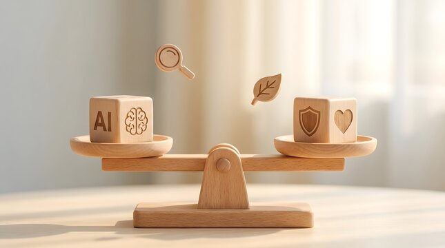 Artificial intelligence and human values balance on wooden scales in bright soft atmosphere.