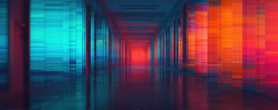 Tech layoffs market impact neon corridor abstract background with glowing panels and reflections suggesting uncertainty and change digital economy