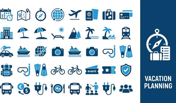 Travel and tourism icons pattern on striped blue background
